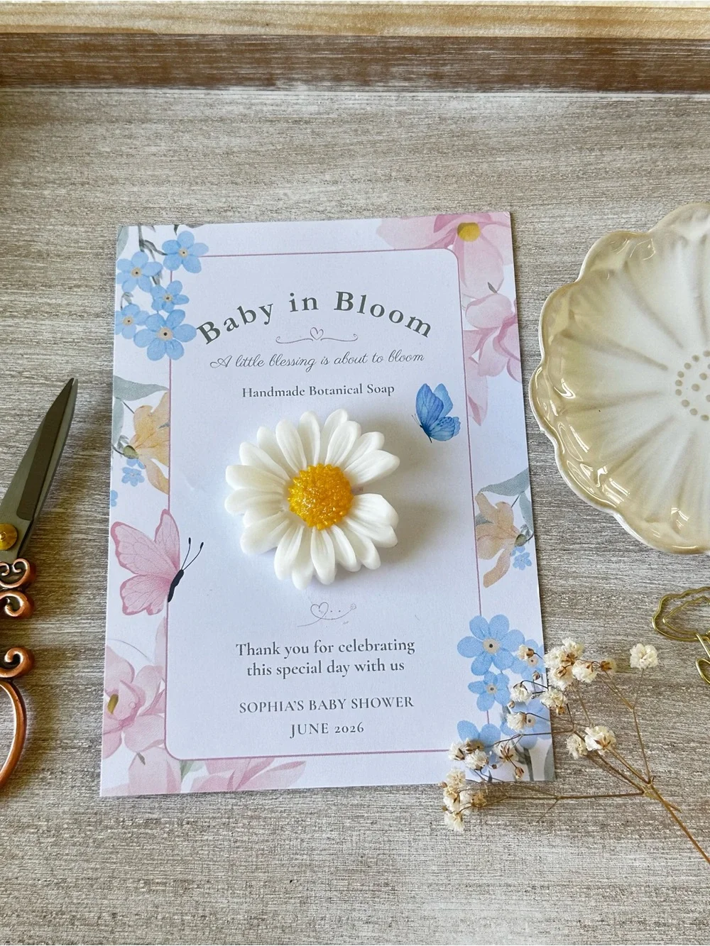 Baby in Bloom Daisy Soap Favor, Personalized Botanical Shower Gift Soap Card